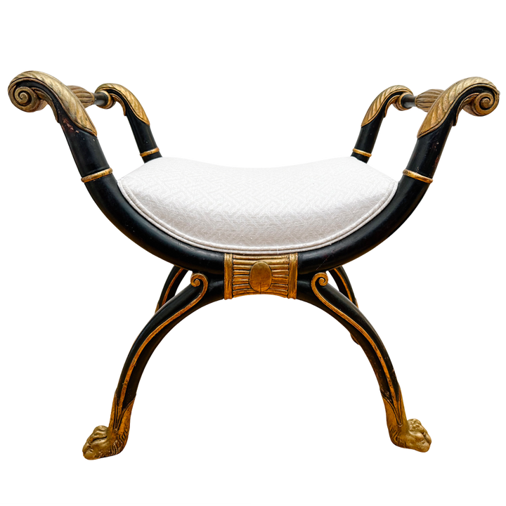 Neoclassical Empire Ebonized Bench Lion Paw Feet & Upholstered Seat