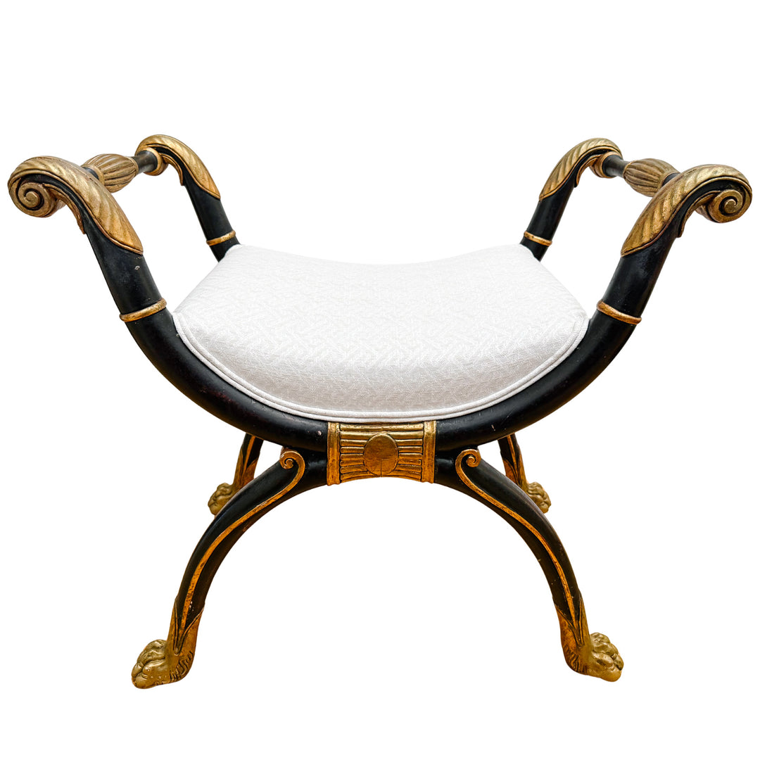 Neoclassical Empire Ebonized Bench Lion Paw Feet & Upholstered Seat