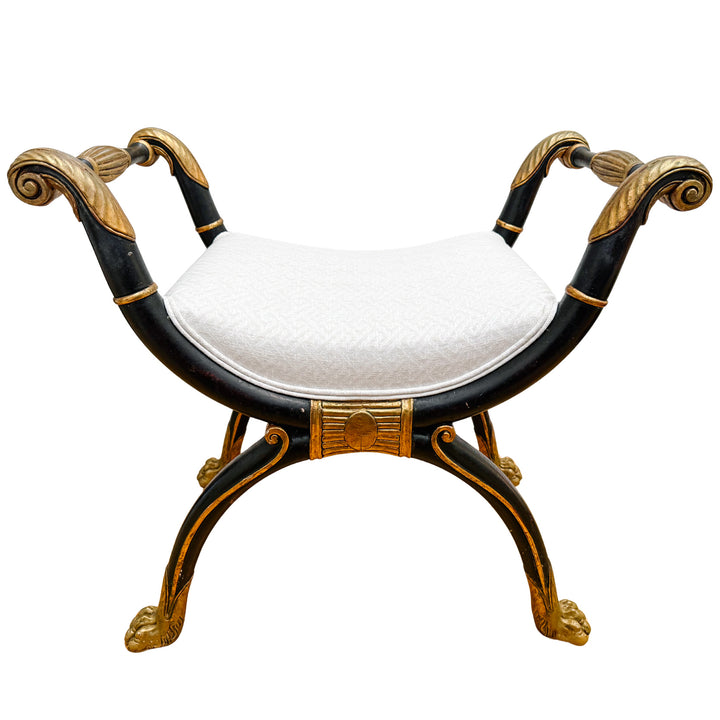 Neoclassical Empire Ebonized Bench Lion Paw Feet & Upholstered Seat