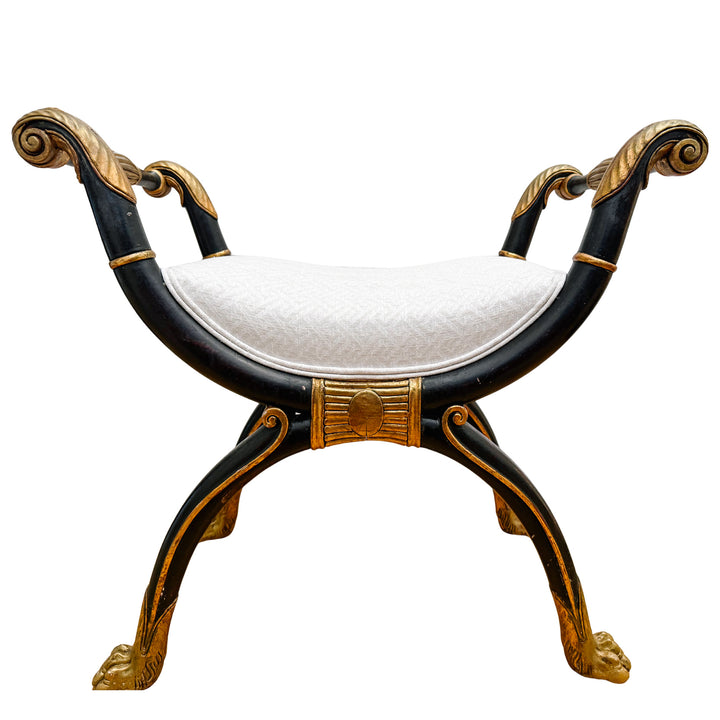 Neoclassical Empire Ebonized Bench Lion Paw Feet & Upholstered Seat
