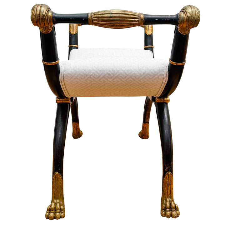Neoclassical Empire Ebonized Bench Lion Paw Feet & Upholstered Seat