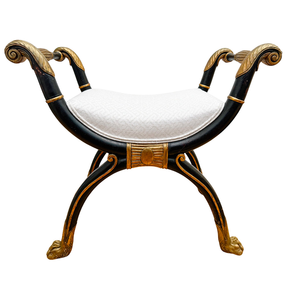 Neoclassical Empire Ebonized Bench Lion Paw Feet & Upholstered Seat