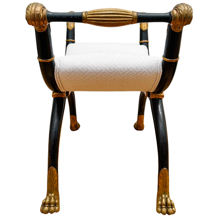 Neoclassical Empire Ebonized Bench Lion Paw Feet & Upholstered Seat