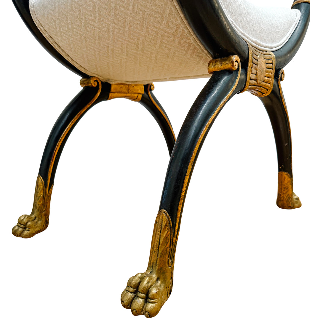 Neoclassical Empire Ebonized Bench Lion Paw Feet & Upholstered Seat
