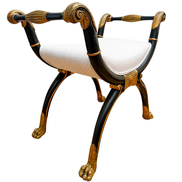 Neoclassical Empire Ebonized Bench Lion Paw Feet & Upholstered Seat