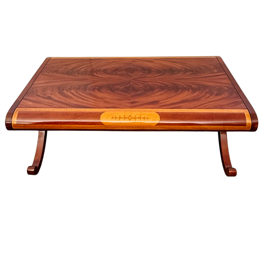 Neoclassical Flame Mahogany & Satinwood Inlaid Curule Coffee Table