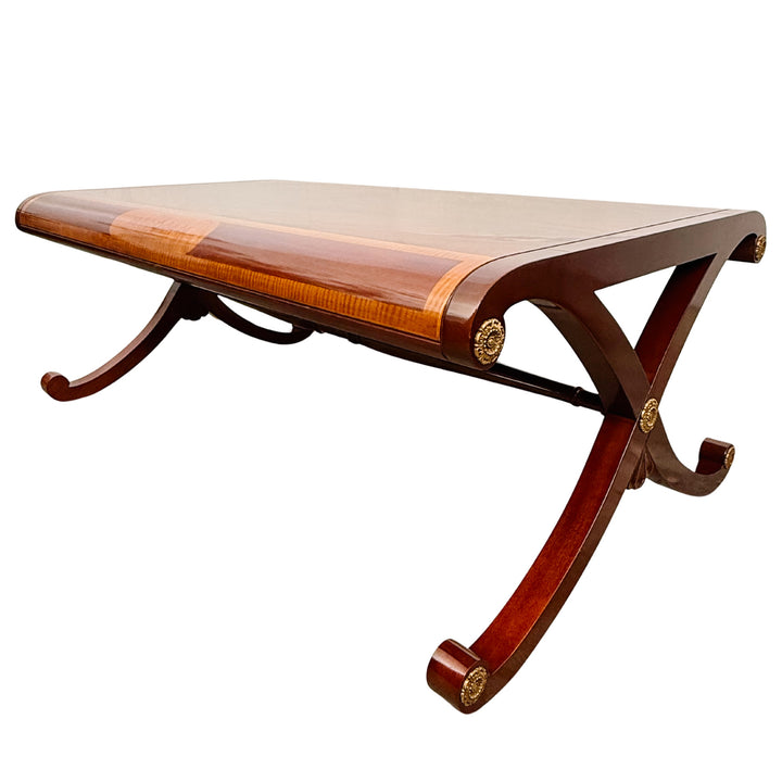 Neoclassical Flame Mahogany & Satinwood Inlaid Curule Coffee Table