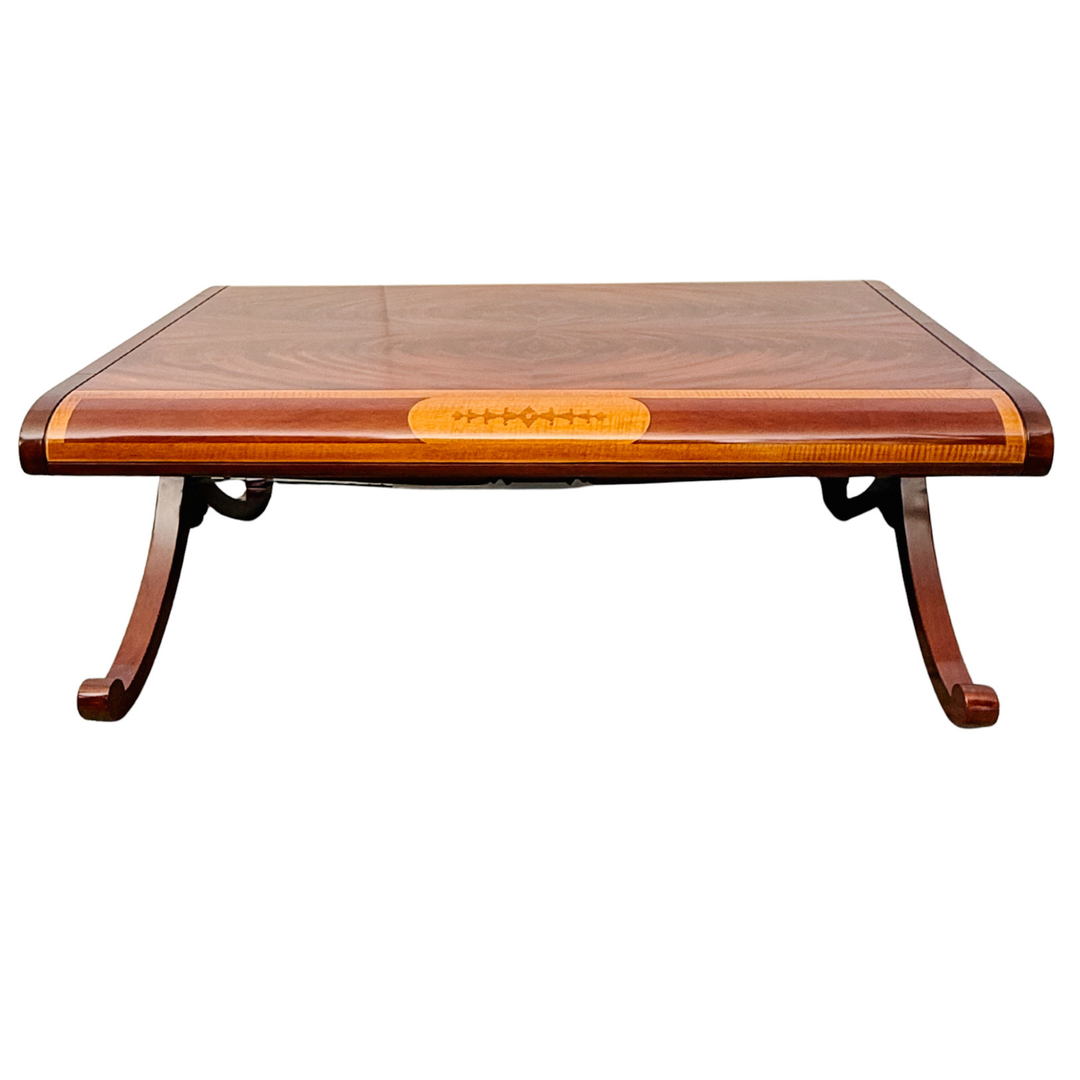 Neoclassical Flame Mahogany & Satinwood Inlaid Curule Coffee Table