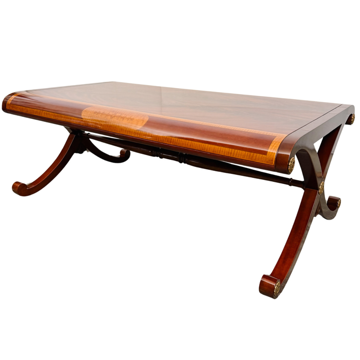 Neoclassical Flame Mahogany & Satinwood Inlaid Curule Coffee Table