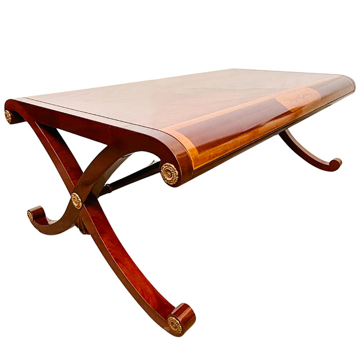 Neoclassical Flame Mahogany & Satinwood Inlaid Curule Coffee Table