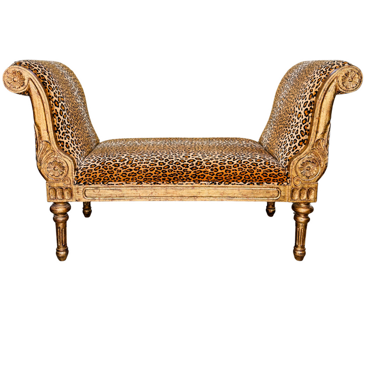 Neoclassical Giltwood Bench With Rolled Arms & Leopard Print by Italmond