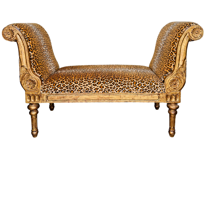 Neoclassical Giltwood Bench With Rolled Arms & Leopard Print by Italmond