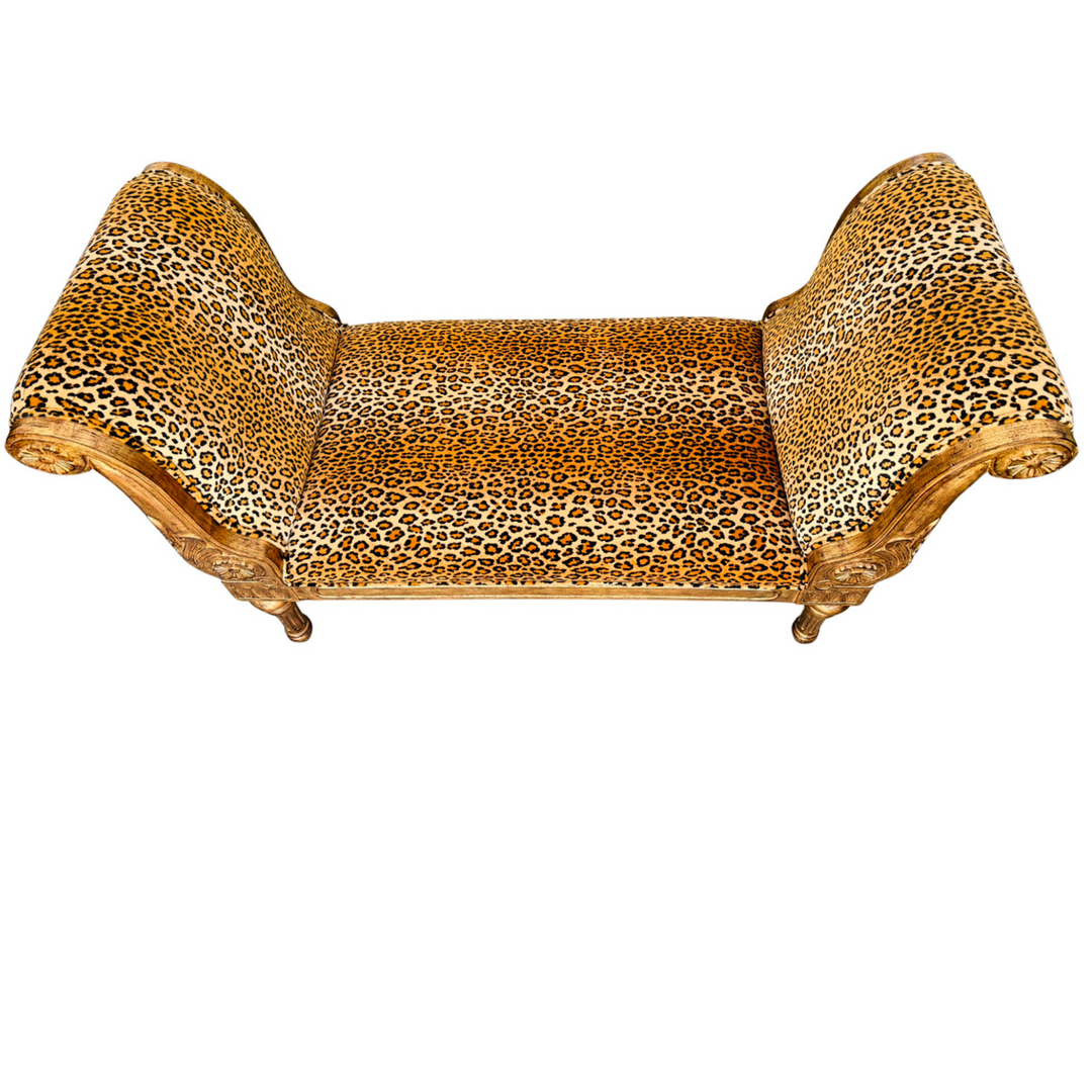 Neoclassical Giltwood Bench With Rolled Arms & Leopard Print by Italmond