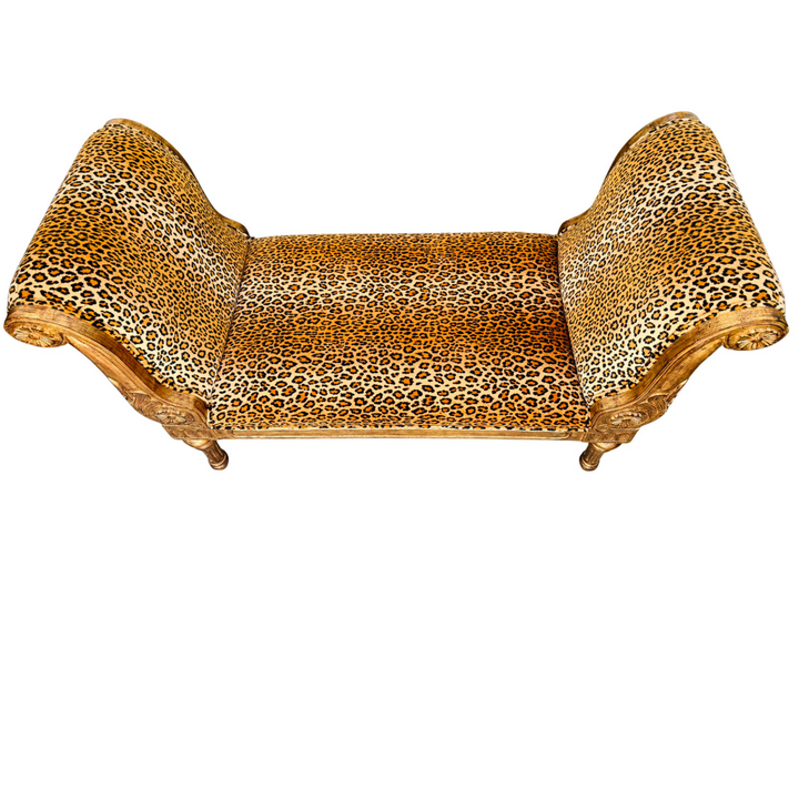 Neoclassical Giltwood Bench With Rolled Arms & Leopard Print by Italmond