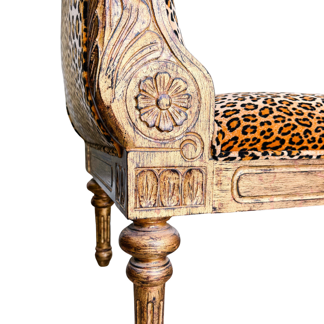 Neoclassical Giltwood Bench With Rolled Arms & Leopard Print by Italmond