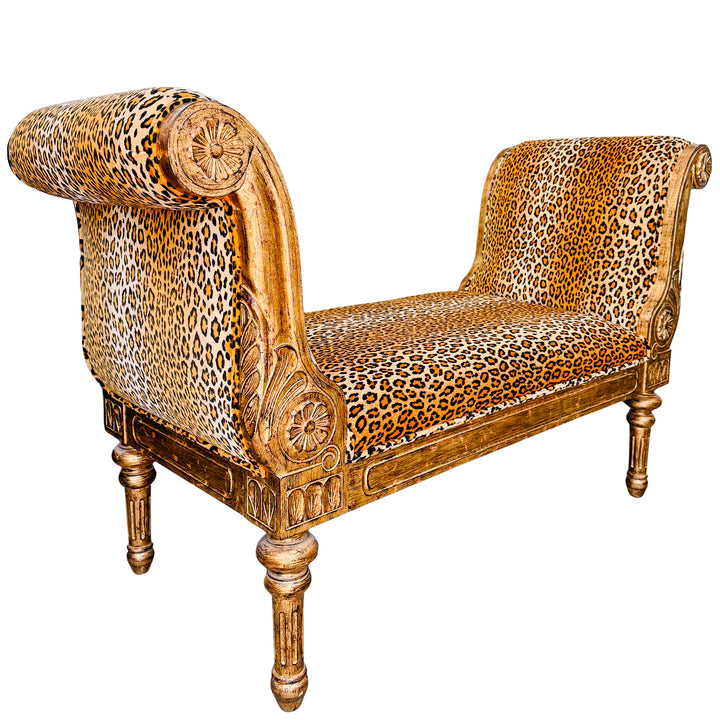 Neoclassical Giltwood Bench With Rolled Arms & Leopard Print by Italmond