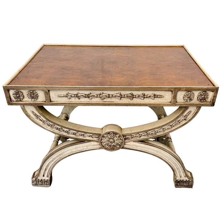 Neoclassical Regency Style Burl Walnut & Painted Curule Accent Tables by Heritage