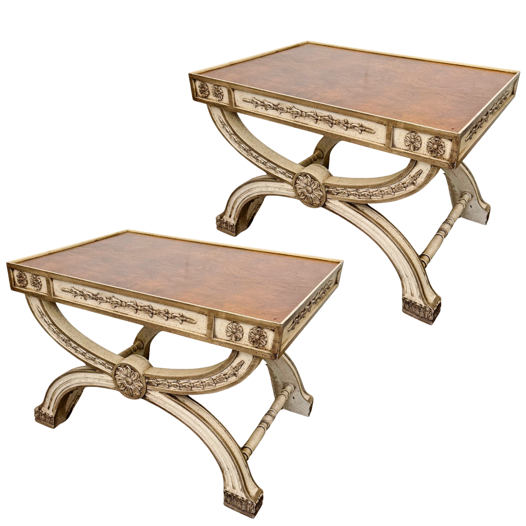 Neoclassical Regency Style Burl Walnut & Painted Curule Accent Tables by Heritage