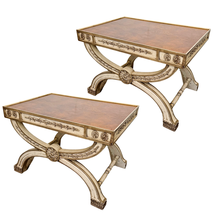 Neoclassical Regency Style Burl Walnut & Painted Curule Accent Tables by Heritage