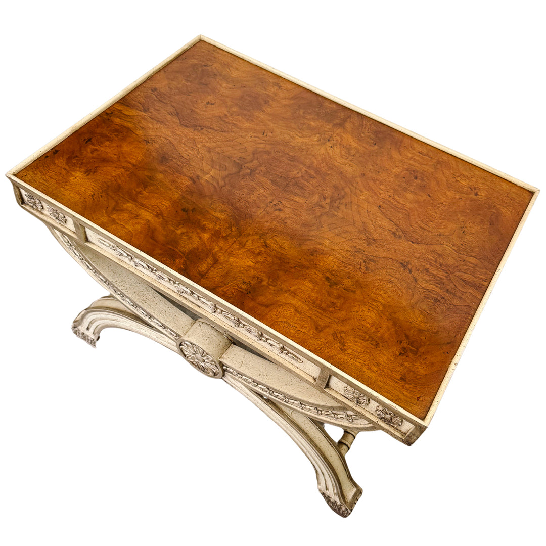Neoclassical Regency Style Burl Walnut & Painted Curule Accent Tables by Heritage