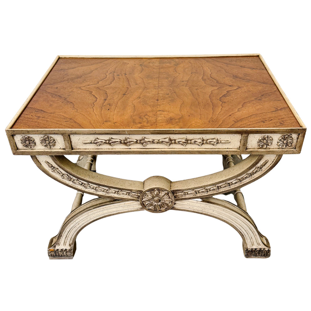 Neoclassical Regency Style Burl Walnut & Painted Curule Accent Tables by Heritage