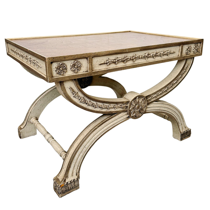 Neoclassical Regency Style Burl Walnut & Painted Curule Accent Tables by Heritage