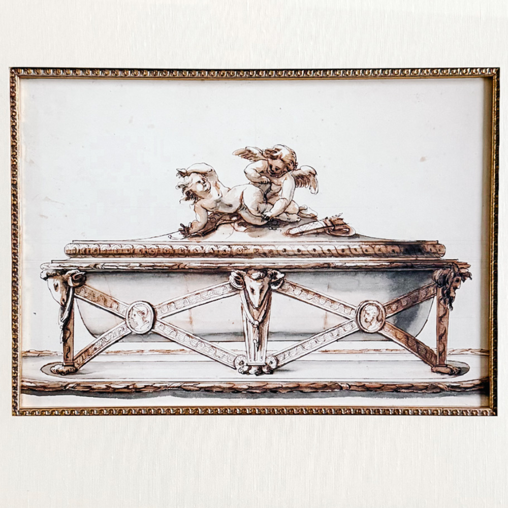 Neoclassical Style Framed Brown Wash Drawing of a Sarcophagus With Putti