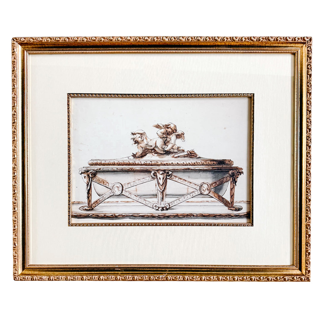 Neoclassical Style Framed Brown Wash Drawing of a Sarcophagus With Putti
