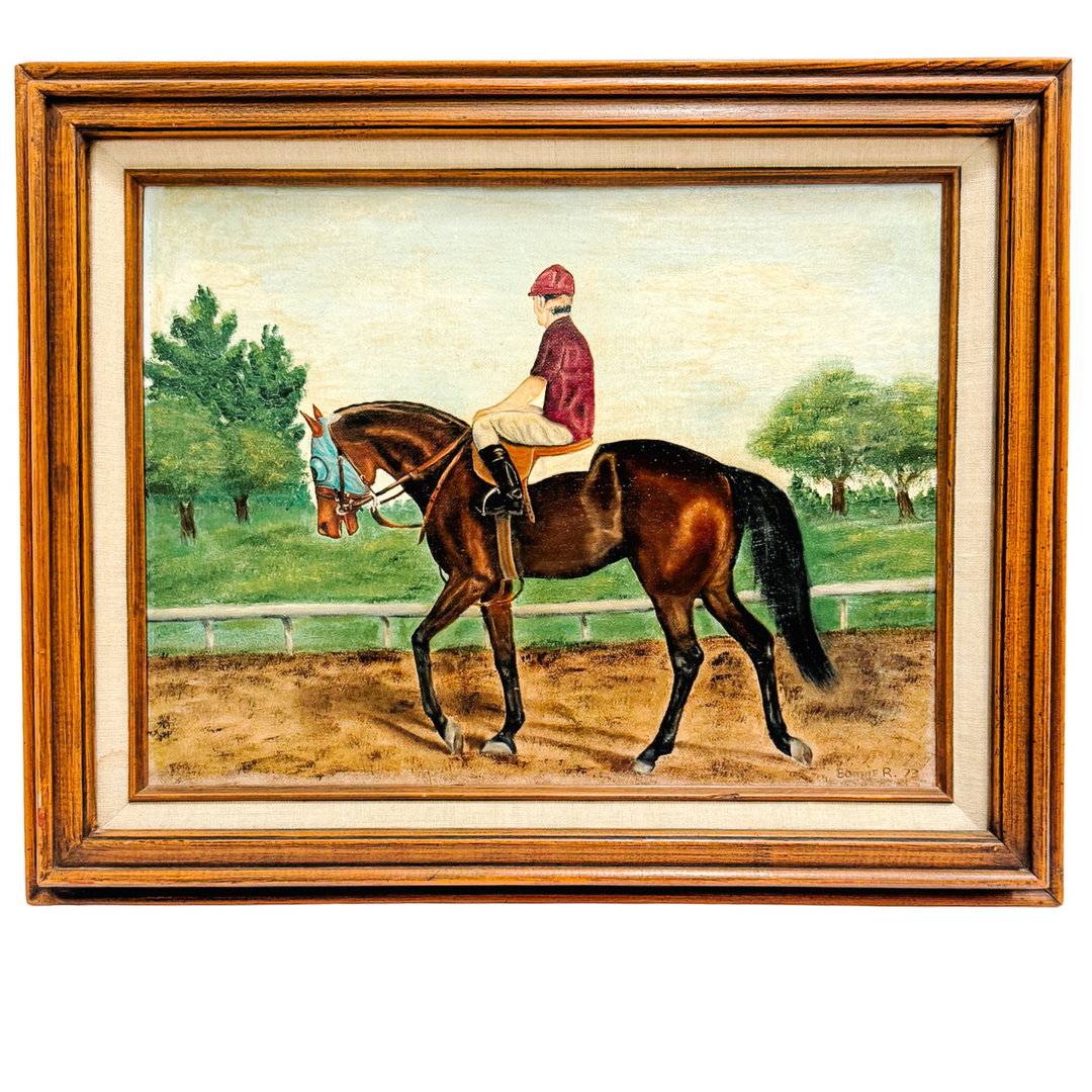 Vintage 1973 Signed Equestrian Oil Painting – "Thoroughbred Workout" by Bonnie Roseberry