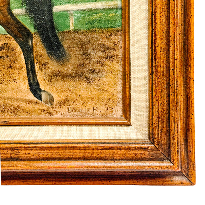 Vintage 1973 Signed Equestrian Oil Painting – "Thoroughbred Workout" by Bonnie Roseberry