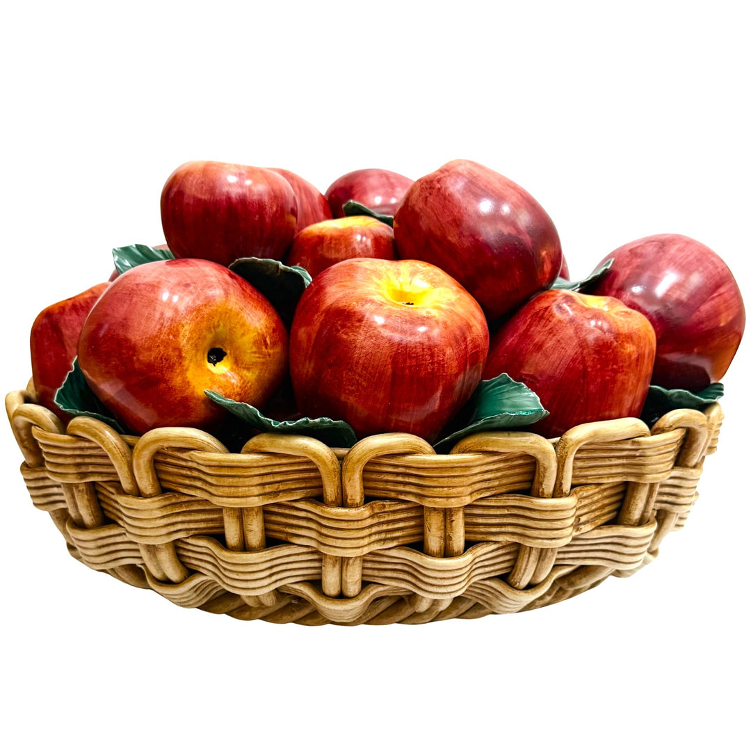 Oversized Italian Hand-Painted Ceramic Apple Basket Topiary Sculpture