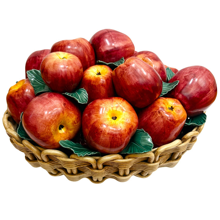 Oversized Italian Hand-Painted Ceramic Apple Basket Topiary Sculpture