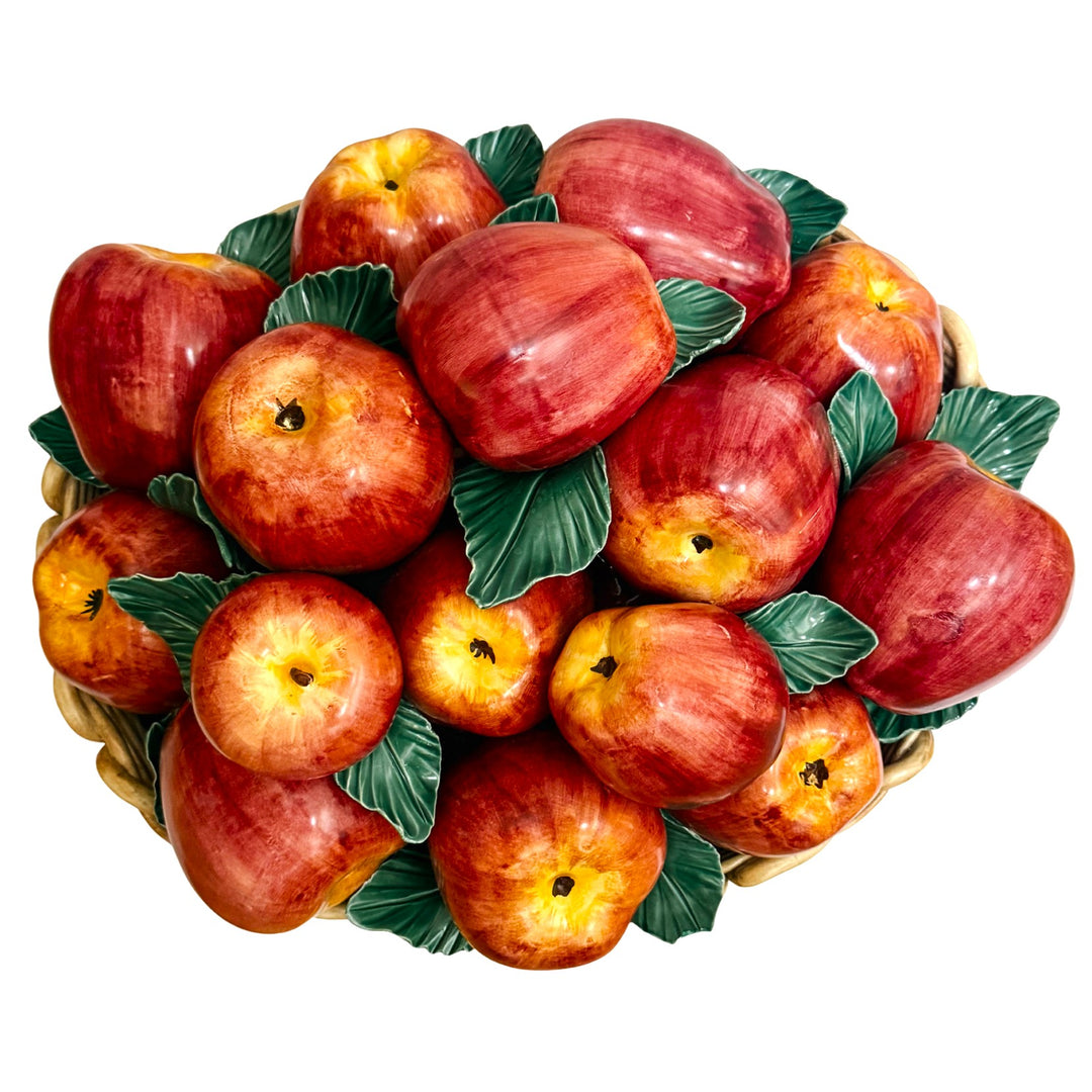 Oversized Italian Hand-Painted Ceramic Apple Basket Topiary Sculpture