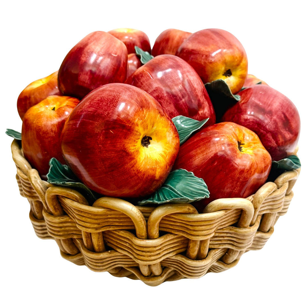 Oversized Italian Hand-Painted Ceramic Apple Basket Topiary Sculpture