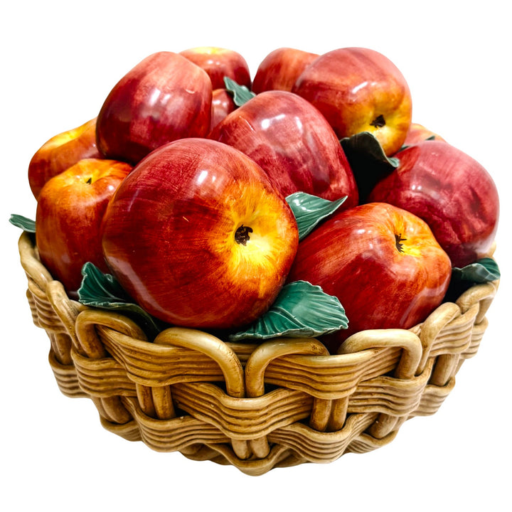 Oversized Italian Hand-Painted Ceramic Apple Basket Topiary Sculpture