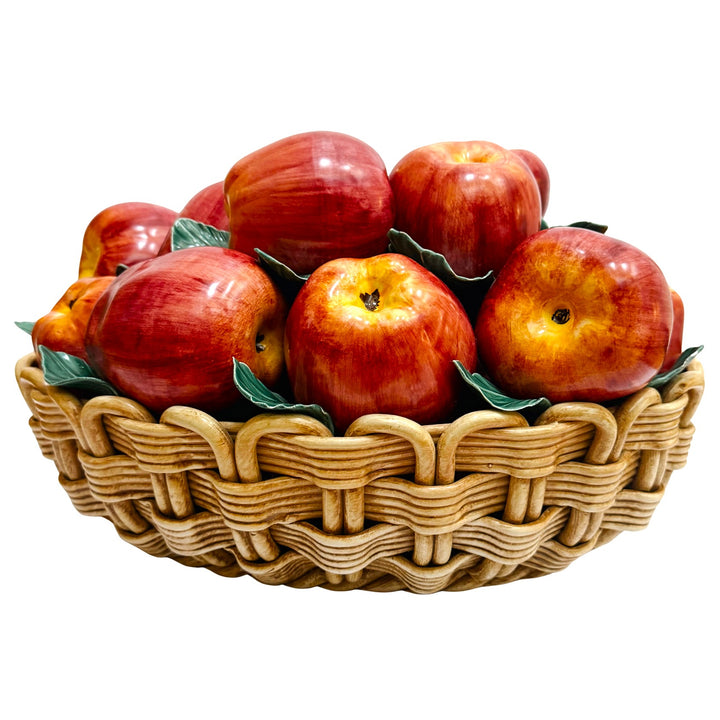Oversized Italian Hand-Painted Ceramic Apple Basket Topiary Sculpture