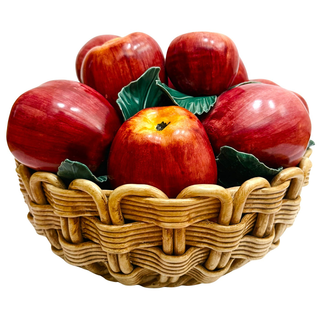 Oversized Italian Hand-Painted Ceramic Apple Basket Topiary Sculpture