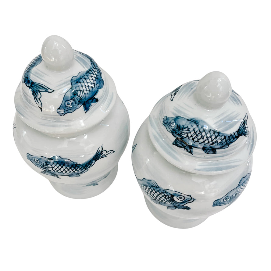 Pair Of Blue & White Chinoiserie Koi Fish Jars