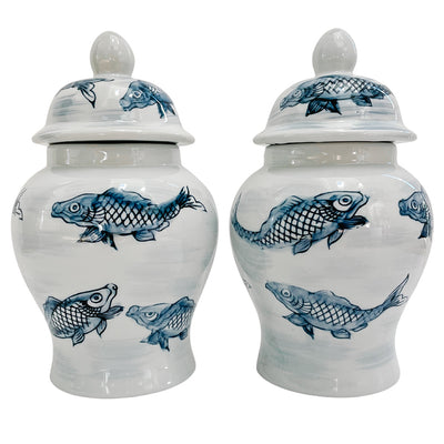 Pair Of Blue & White Chinoiserie Koi Fish Jars