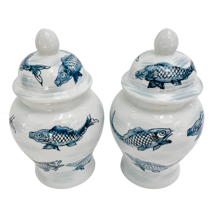 Pair Of Blue & White Chinoiserie Koi Fish Jars