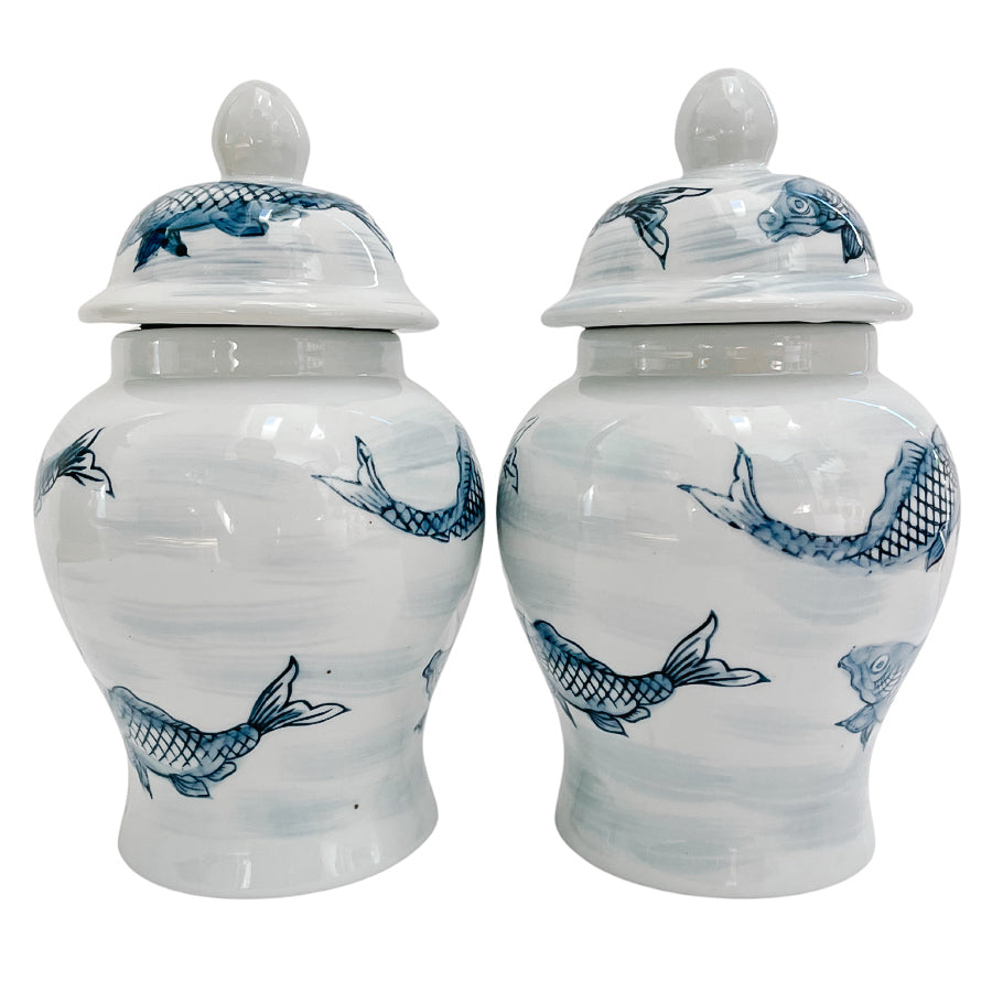 Pair Of Blue & White Chinoiserie Koi Fish Jars