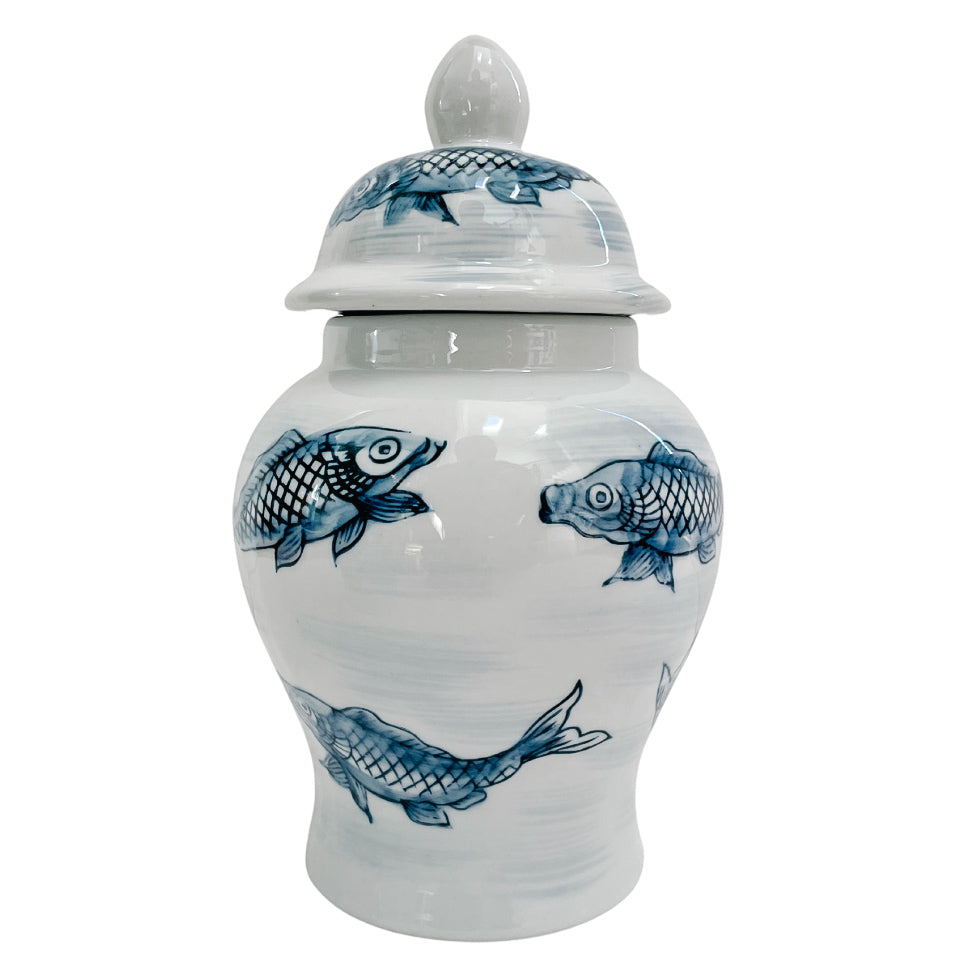 Pair Of Blue & White Chinoiserie Koi Fish Jars