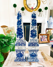 Pair Of Blue & White Chinoiserie Porcelain Obelisks