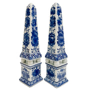 Pair Of Blue & White Chinoiserie Porcelain Obelisks