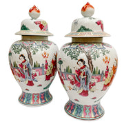 Pair Of Vintage Chinese Porcelain Famille Rose Jars 