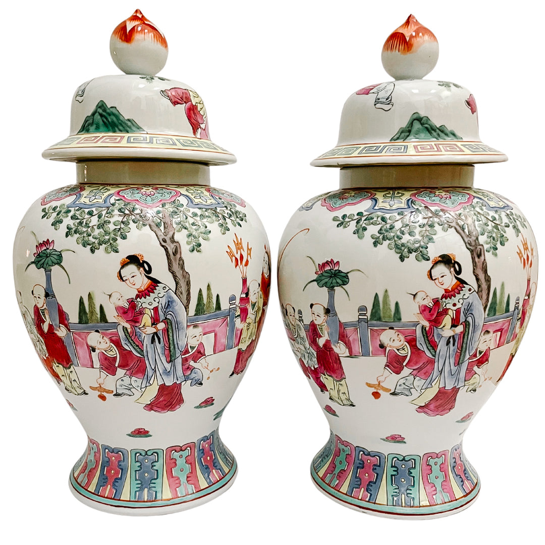 Pair Of Chinese Export Porcelain Famille Rose Baluster Jars