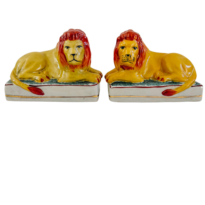 Pair Of Vintage Staffordshire Recumbent Lions 