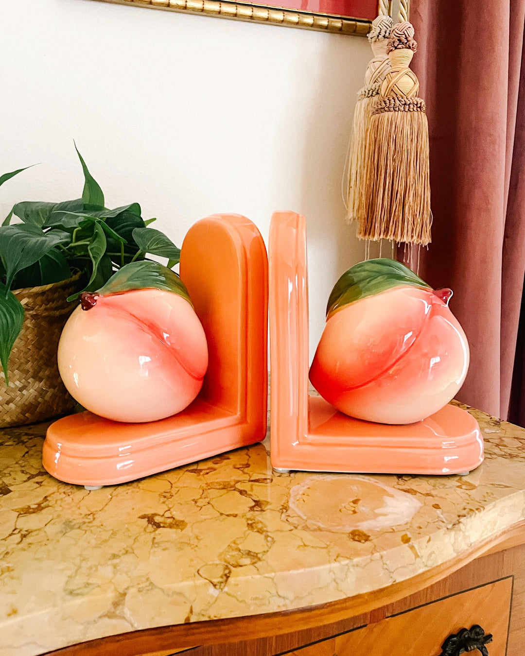 Pair Of Glazed Ceramic Peach Bookends