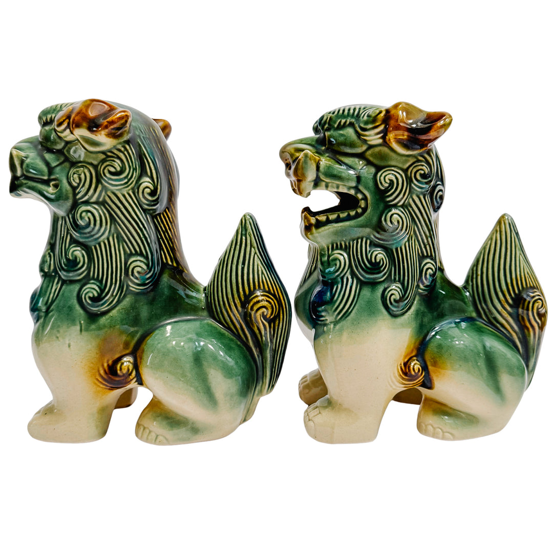 Vintage Green & Blue Glazed Ceramic Foo Dog Figurines