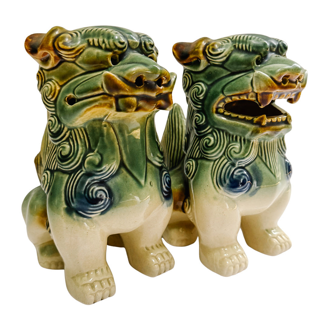 Pair Of Green & Blue Glazed Ceramic Foo Dog Figurines